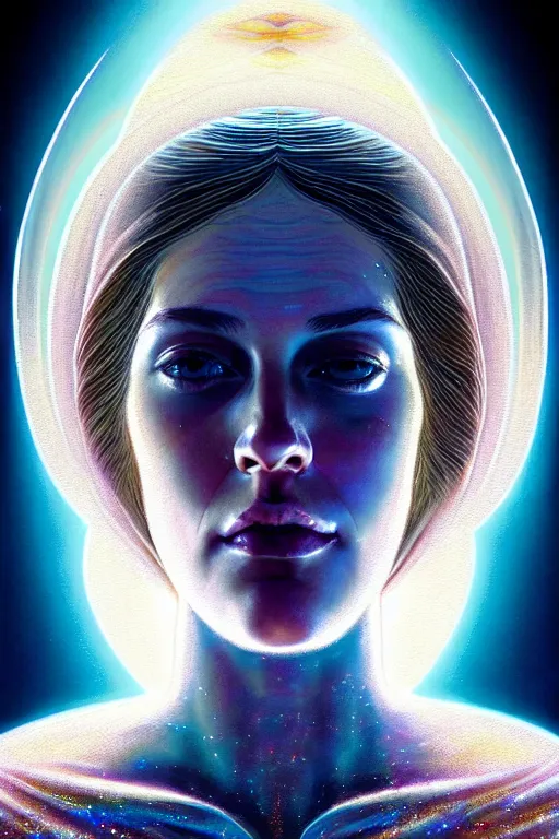 Image similar to hyperrealistic mixed media painting of Mother Mary, a halo about her head, full body, stunning 3d render inspired art by P. Craig Russell and Barry Windsor-Smith + perfect facial symmetry + dim volumetric lighting, 8k octane beautifully detailed render, post-processing, extremely hyperdetailed, intricate, epic composition, grim yet sparkling atmosphere, cinematic lighting + masterpiece, trending on artstation, very very detailed, masterpiece, stunning