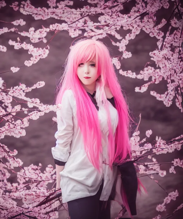 Prompt: video game girl, light pink hair with pink flames, cherry blossoms, neo tokyo, portrait, perfectly symmetrical, 5 0 mm