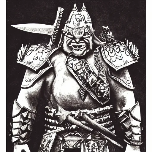 Image similar to ogre warrior wearing plated armor who is holding a battle axe in the style of warhammer fantasy : : head and torso drawing