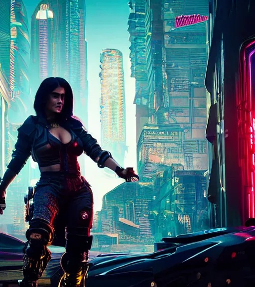 Image similar to cyberpunk 2 0 7 7, charismatic rugged female battle salma hayek - mage portrait, clothed in hooded, metal - plated battle armor atmospheric lighting painted intricate volumetric lighting, beautiful, sharp focus, ultra detailed by leesha hannigan, ross tran, thierry doizon, kai carpenter, ignacio fernandez rios