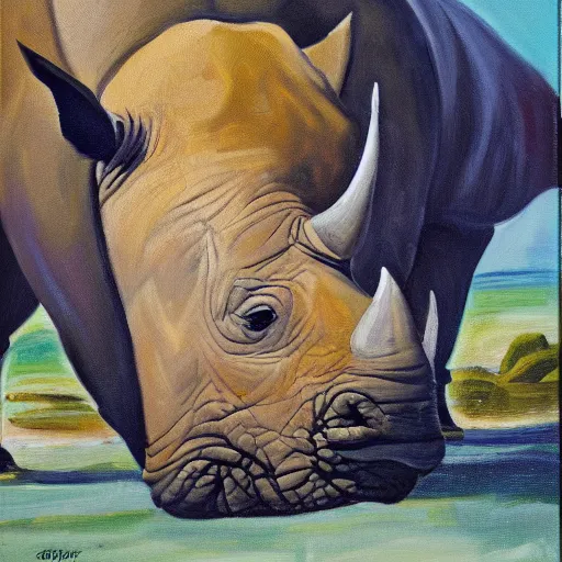 Image similar to oil on canvas of, rhinoceros laying an egg in hawaii