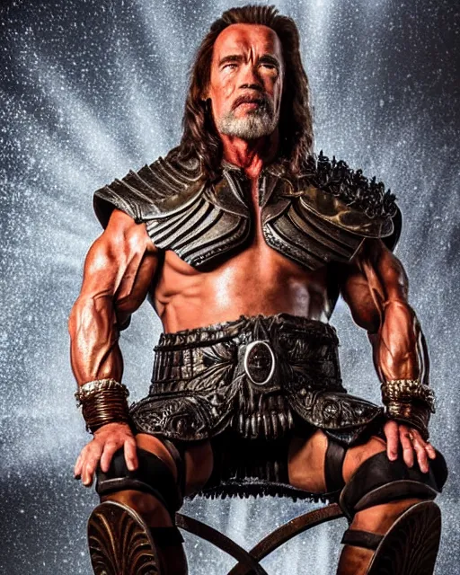 Image similar to arnold schwarzenegger as king conan, directed by john millius, photorealistic, sitting on a metal throne, wearing ancient cimmerian armor, a battle axe to his side, he has a beard and graying hair, cinematic photoshoot in the style of annie leibovitz, studio lighting