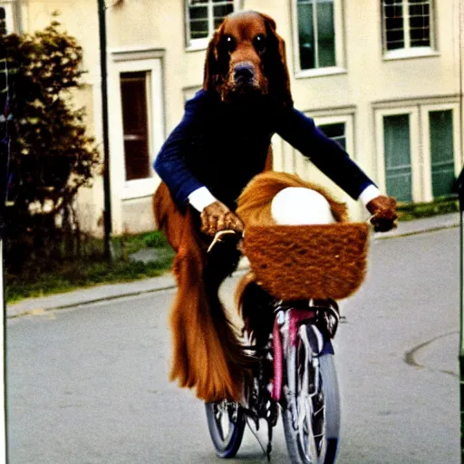 Prompt: a 35mm Kodachrome photo of a cocker spaniel riding a bicycle