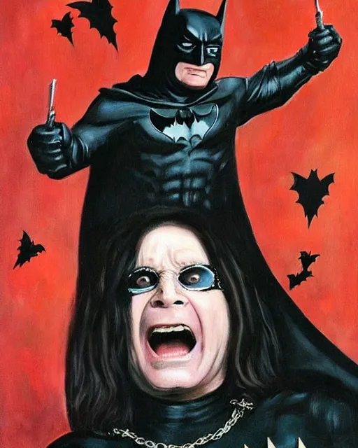Image similar to portrait of Ozzy Osbourne as batman, art by Carel Fabritius