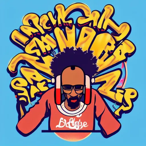 Image similar to svg sticker of a Dancing-Ben-Harper-Snoop-Spike-Lee-with-a-large-Afro-Puff, at a rave, spinning records, giant headphones rocking out, wearing headphones, huge speakers, dancing, rave, DJ, spinning records, digital art, amazing composition, rule-of-thirds, award-winning, trending on artstation, featured on deviantart