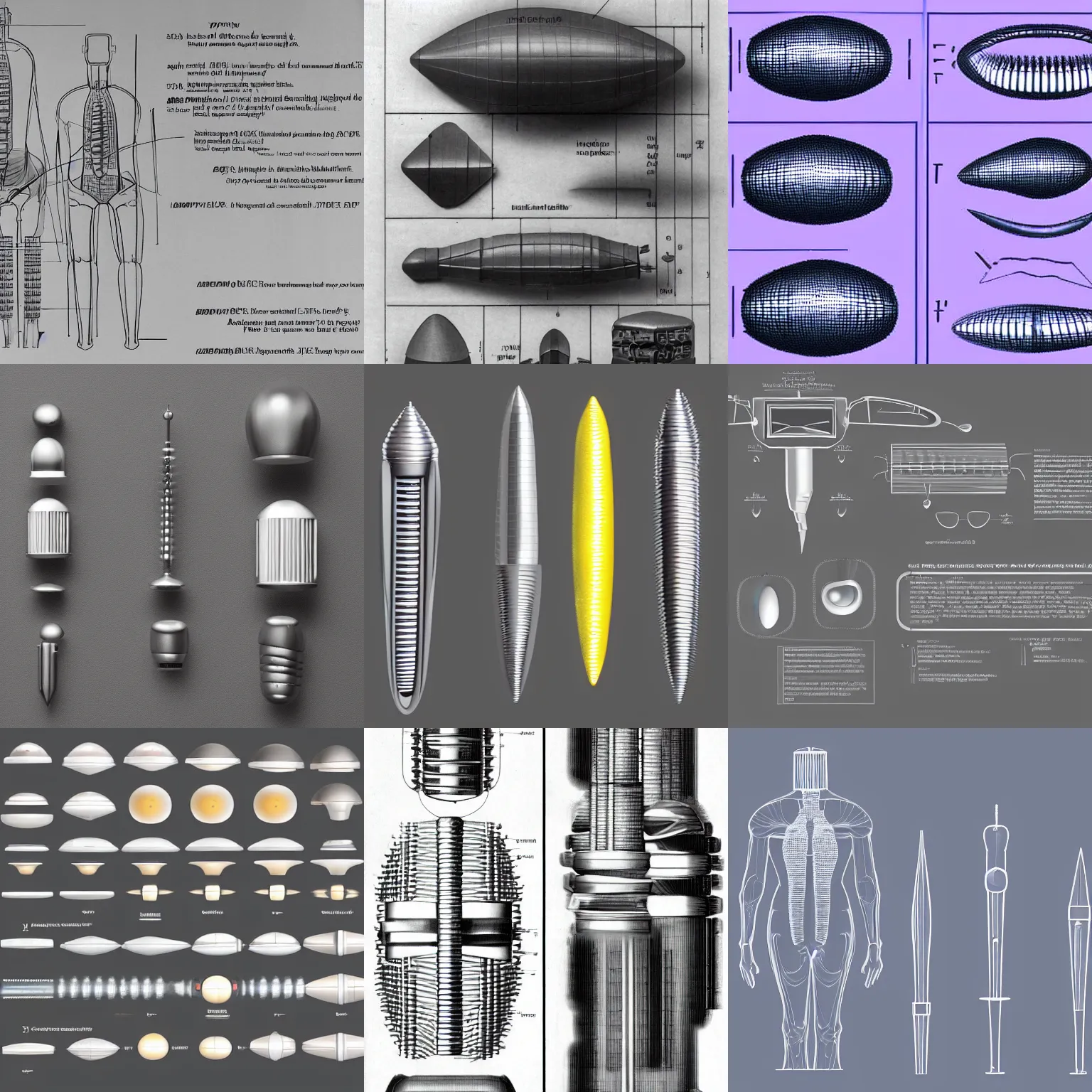 Prompt: photograph, various futuristic implants explained with examples, technical drawing