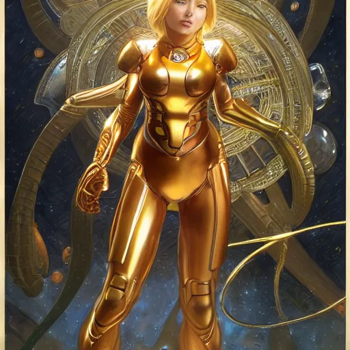 Prompt: Samus Aran from Metroid with golden armor drawn by Donato Giancola and Tom Bagshaw, face by Artgerm, overall design by Alphonse Mucha, background by James Jean and Gustav Klimt, light by Julie Bell, 4k, porcelain skin, komorebi, french nouveau, trending on artstation, octane render, hyperrealistic