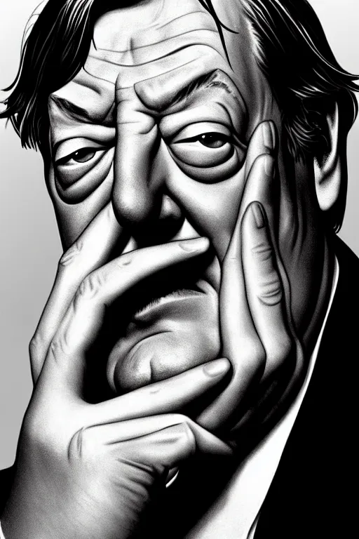 Image similar to stephen fry winking his left eye at the camera, in the style of art by artgerm and greg rutkowski and alphonse mucha