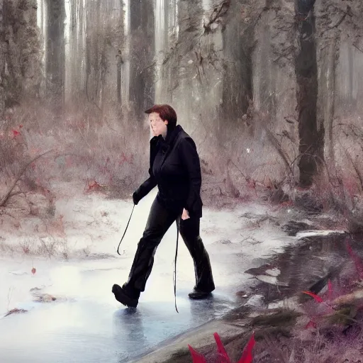 Image similar to close - up shot of supreme court justice elena kagan going for a walk in the woods, digital art by ruan jia and mandy jurgens and artgerm, highly detailed, trending on artstation, award winning