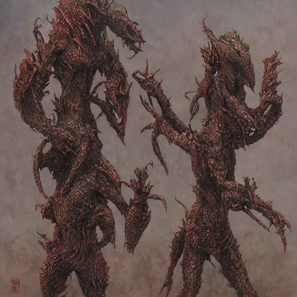 Image similar to lizardman warrior concept, highly detailed, tribal, beksinski