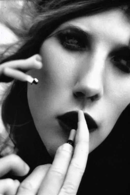 Image similar to extreme close-up black and white portrait, beautiful white woman smokes cigarette, Peter Lindbergh, 35mm, film photo, small aperture