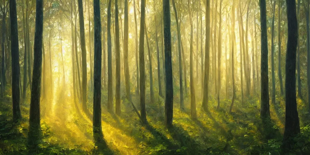 Prompt: An oil painting of an intensely beautiful forest in the morning; rays of light coming through the canopy; trending on artstation; extraordinary masterpiece!!!!!!