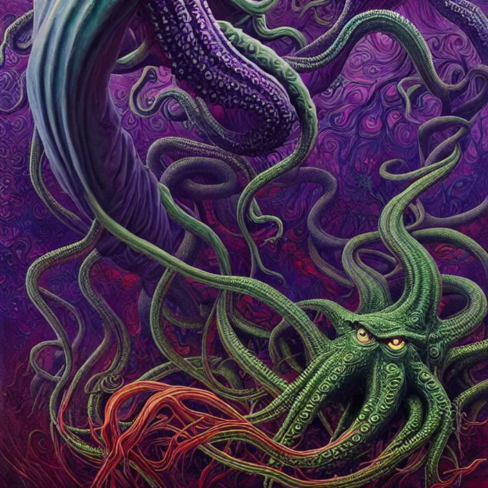 Prompt: depicting cthulhu, in the style of h. p. lovecraft, exuberant organic elegant forms, by karol bak and filip hodas : : 1. 4 purple, red, blue, green, black intricate mandala explosions : : intuit art : : turbulent water backdrop : : damask wallpaper : : atmospheric