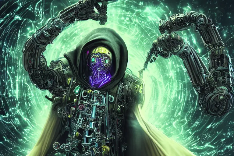 Image similar to cybernetically enhanced warlock casting protection spells around his sanctuary