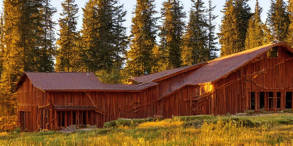 Prompt: large modern longhouse of chief seattle, cedar, warm, golden light, Washington state