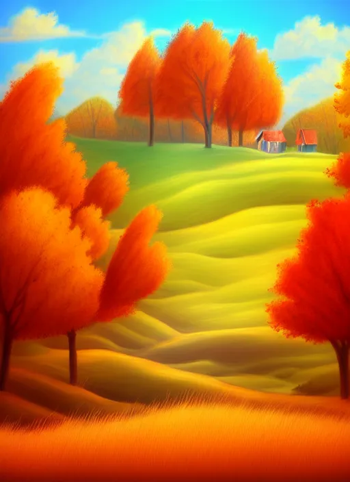 Prompt: beautiful drawing of a landscape in autumn, happy and cartoonish background, by tokenin, by glitchedpuppet, gradient orange, black, cream, brown and white color scheme, trending in artstation, award winning illustration