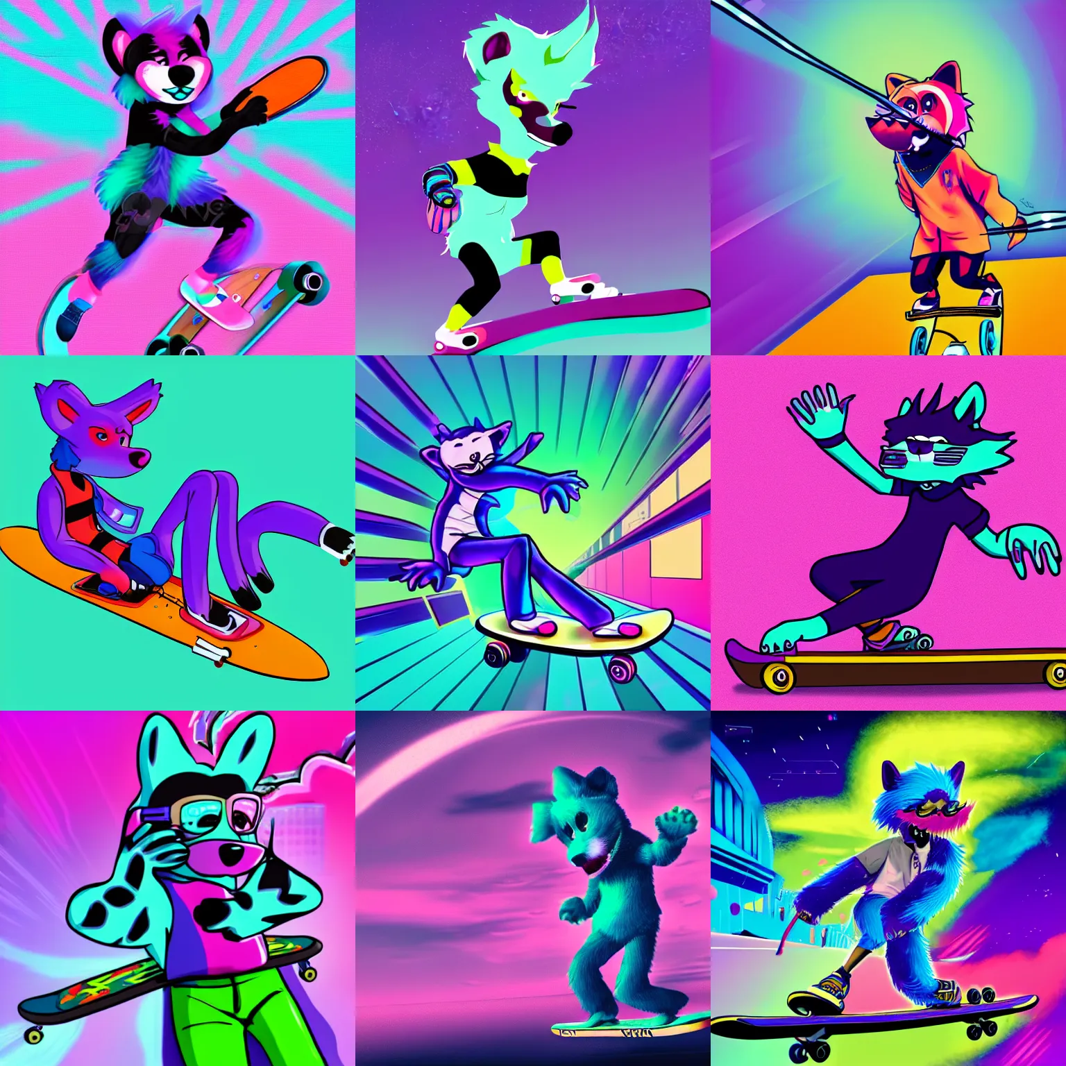 Prompt: vibrant action shot of an anthropomorphic furry person riding a skateboard with vaporwave background, furaffinity