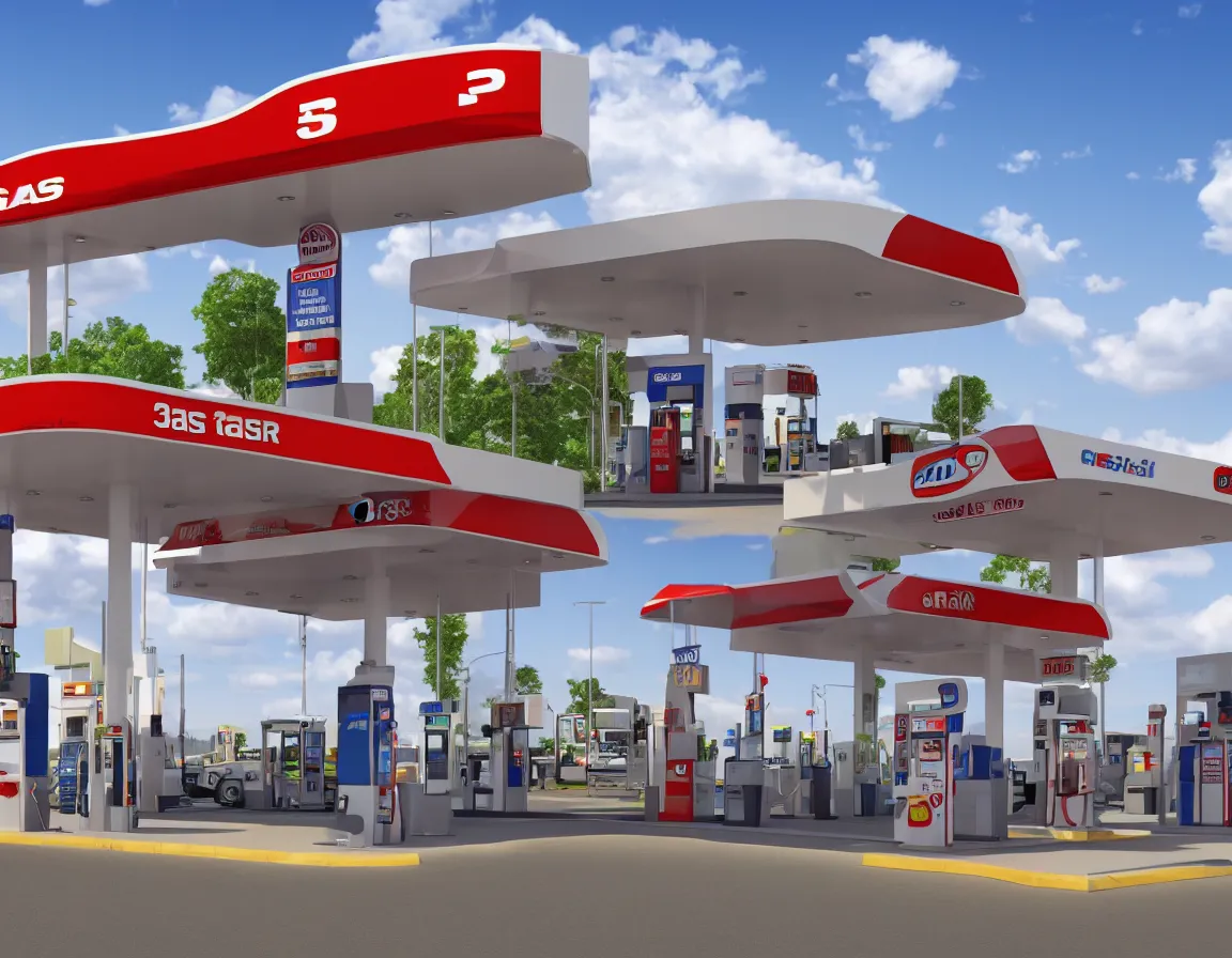 Prompt: hyper realistic 3 d rendering of gas station isolated on white background, hd, hdr, ultra detailed, high resolution