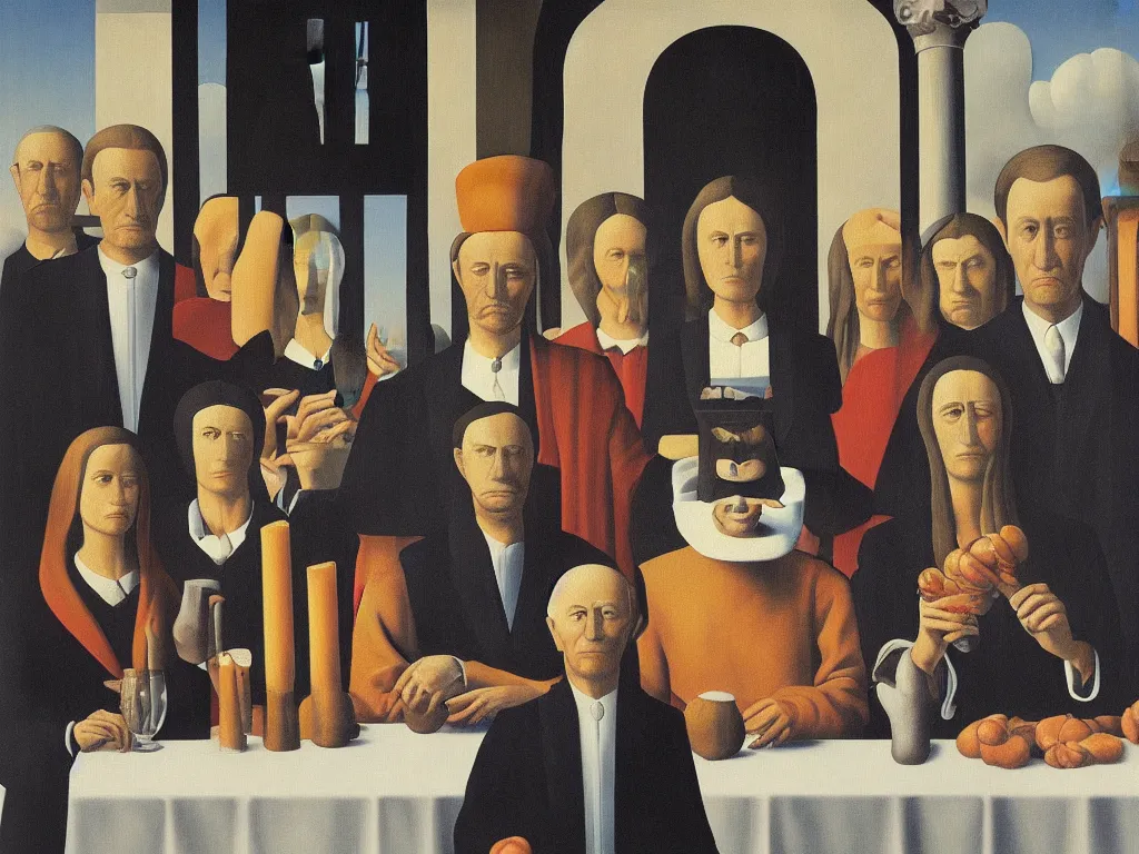 Image similar to last supper painting magritte, renaissance, american gothic