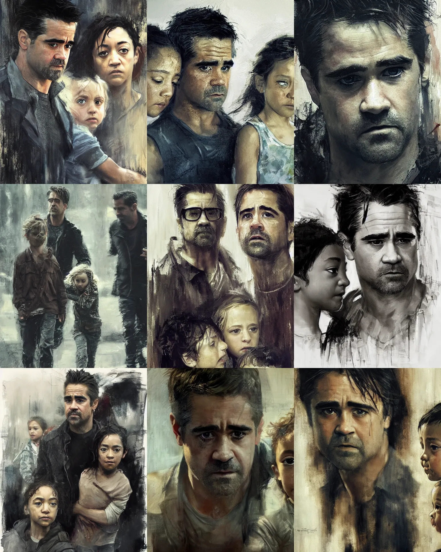 Prompt: family, colin farrell and ruth negga and kids on the run, detailed face, highly detailed, by jeremy mann