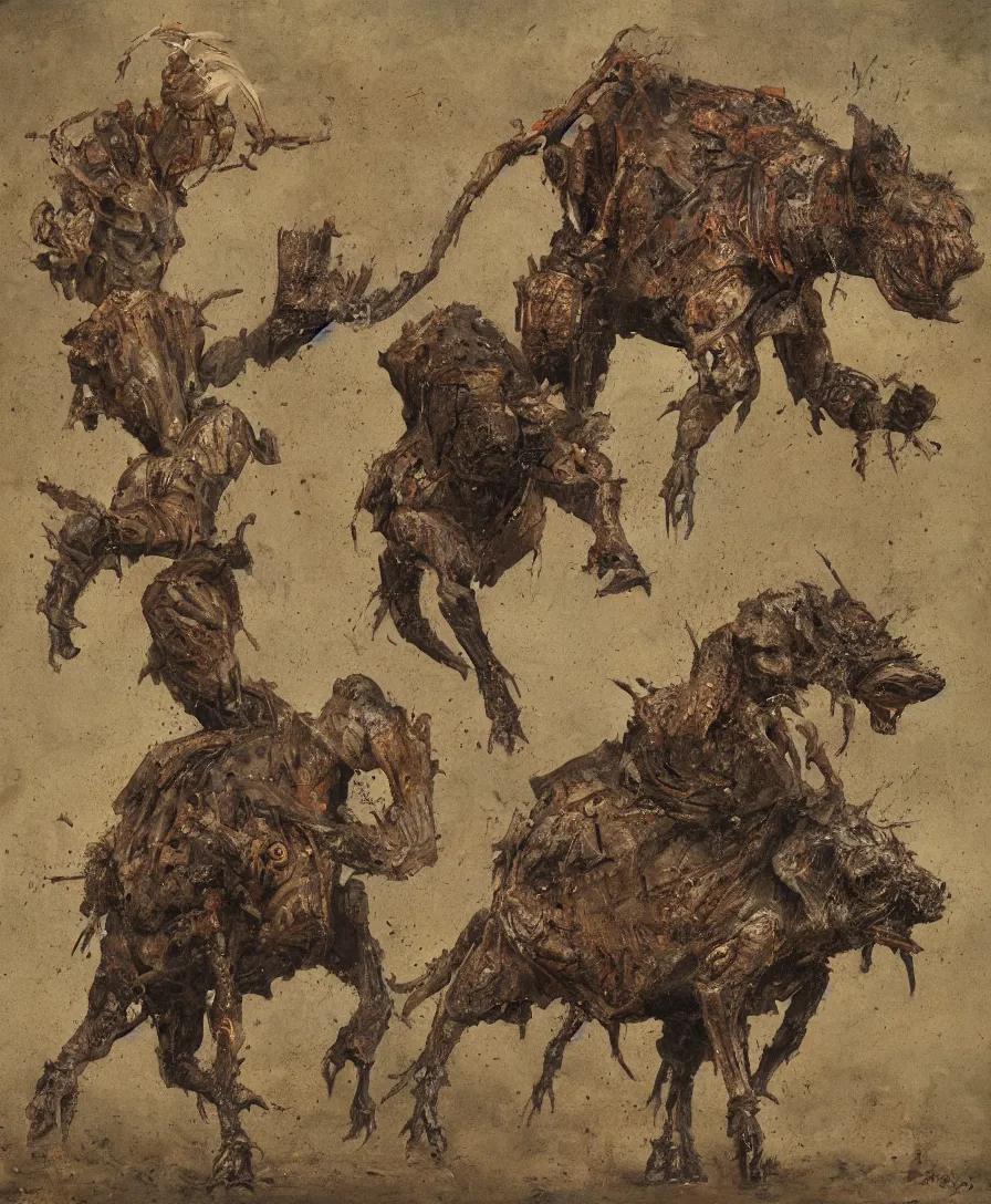 Image similar to Muddy bipedal warthog in armor. Armored warthog humanoid. Soot and stained warthog. oldpainting, oldmasters, digital illustration, centered on warthog, oil on canvas, private collection