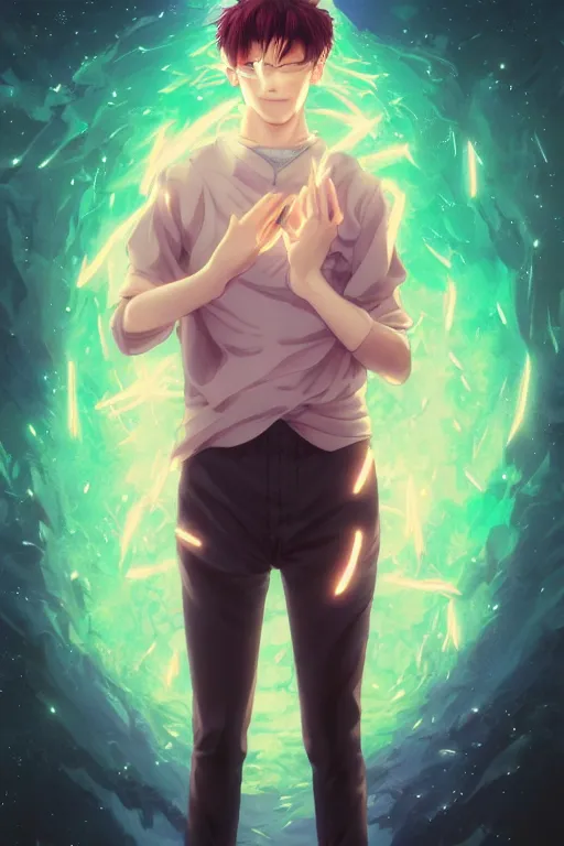 Image similar to full body portrait of anime manga guy emitting psychic powers, straight on, by artgerm, james jean, tom bagshaw, gerald brom, vaporwave colors, lofi colors, vaporwave, lofi, goth vibe, 4 k, smooth, hd, substance designer render, full body character concept art, perfect face, detailed face, symmetrical,