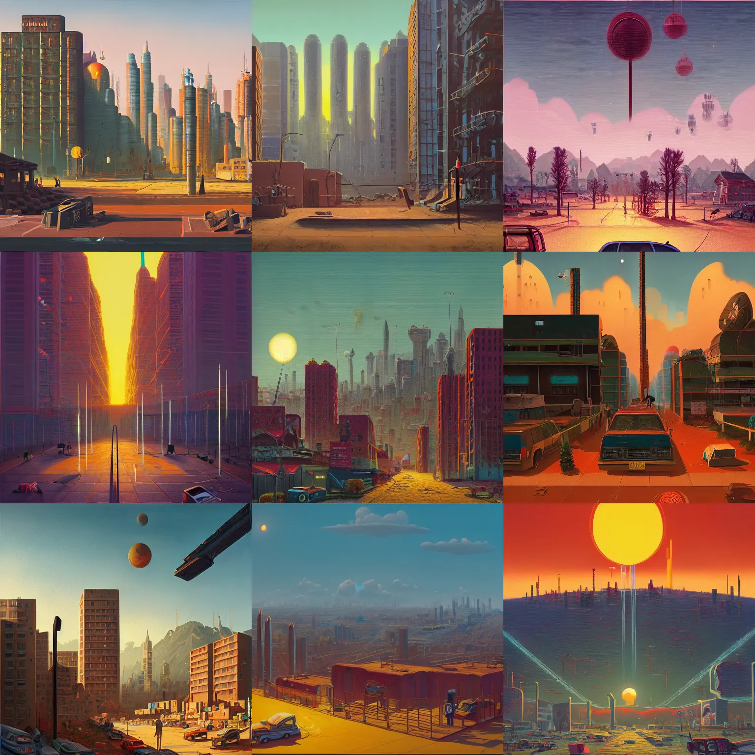 Prompt: The city of the sun by Simon Stålenhag and Gerardo Dottori, oil on canvas, street level