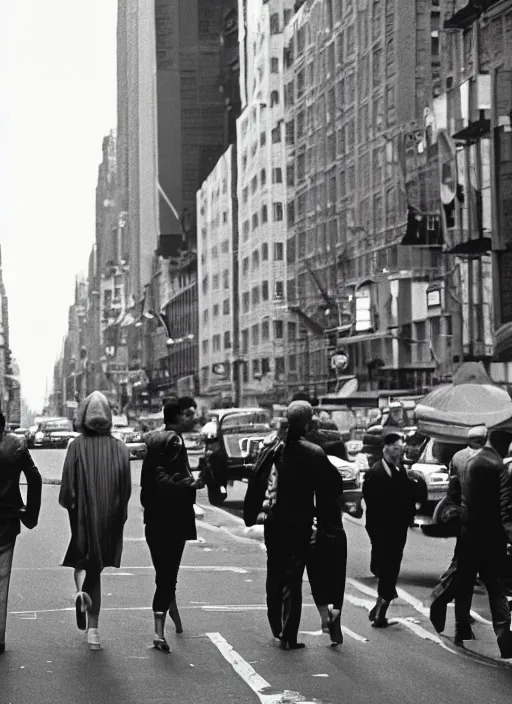 Image similar to a 35mm photograph of a group of aliens walking down the street in New York City in the 1960's, bokeh, Canon 50mm, cinematic lighting, photography, retro, film, Kodachrome