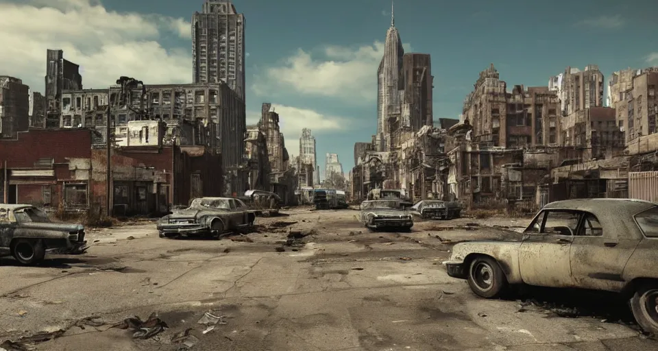 Image similar to wide angle shot of dilapidated fallout 5 new york city in real life, desolate with zombirs, dilapidated, empty streets, nightmarish, some rusted retro futuristic fallout vintage style parked vehicles, sunny weather, few clouds, volumetric lighting, photorealistic, daytime, autumn, sharp focus, ultra detailed, cgsociety