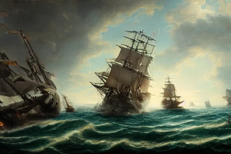 Prompt: Epic battle between a ship and a giant squid as a painting by Louis Philippe Crepin. 8k octane beautifully detailed render, post-processing, extremely hyper-detailed, intricate, epic composition, highly detailed attributes, highly detailed atmosphere, cinematic lighting, masterpiece.