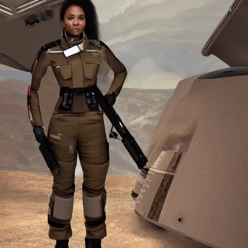 Image similar to a futuristic female soldier with brown skin and short hair in a spaceship
