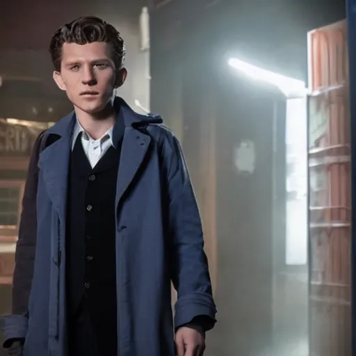 Image similar to tom holland as a rough dirty old man with a scruffy beard in a dark blue trenchcoat as the new doctor who, cinematic, volumetric lighting, f 8 aperture, cinematic eastman 5 3 8 4 film, photorealistic