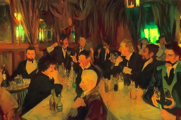 Prompt: glam rockers drinking wine, inside a green saloon with red lights by joaquin sorolla, greg rutkowski, bill sienckiwicz, extremely detailed