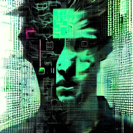 Image similar to hyperrealistic portrait of a cyberpunk man, teenager, long hair, immersed within a network, glitch eyes, by Guy Denning, Johannes Itten, Derek Gores, Russ Mills, glitch art, smooth lines, fine detail, polished, complex, hacking effects, holographic, digital tech effects, green, color blocking!, realistic, acrylic on canvas, concept art, abstract!, symmetrical, 8k, concept art, octane, photorealistic, cgsociety, trending on artstation