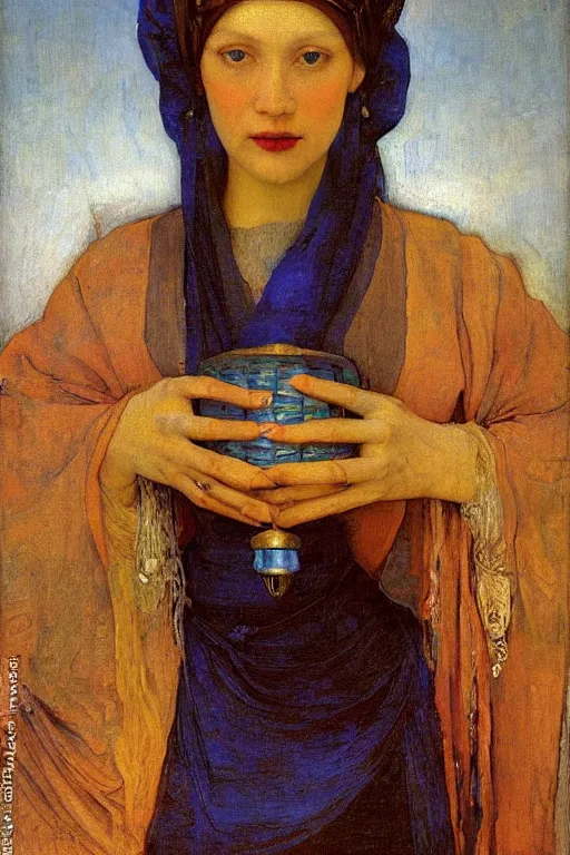 Image similar to queen of the twilight with her lantern , by Annie Swynnerton and Nicholas Roerich and Vermeer, strong dramatic cinematic lighting , ornate headdress , lost civilizations, smooth, sharp focus, extremely detailed