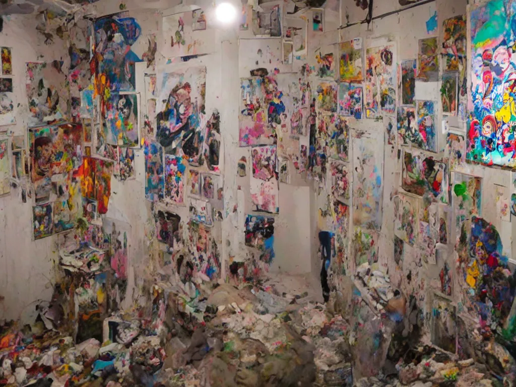 Prompt: the absolute worst art gallery exhibition in a hoarder's basement, filled with putrid trash and several happy, friendly clowns in pastel costumes. The walls are lined with paintings of paintings of paintings