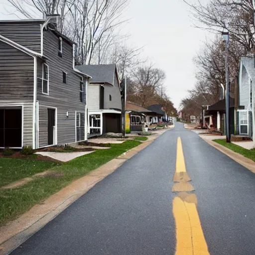 Prompt: Photograph of a liminal middle class American suburb, empty street, cookie cutter houses, broad daylight