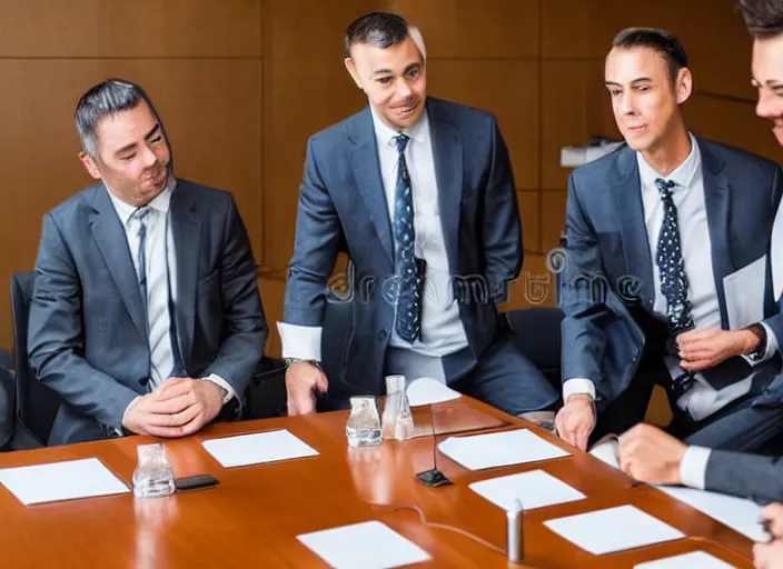 Image similar to photo of cats dressed in suits attending a board meeting. Highly detailed 8k. Intricate. Sony a7r iv 55mm. Stock photo.