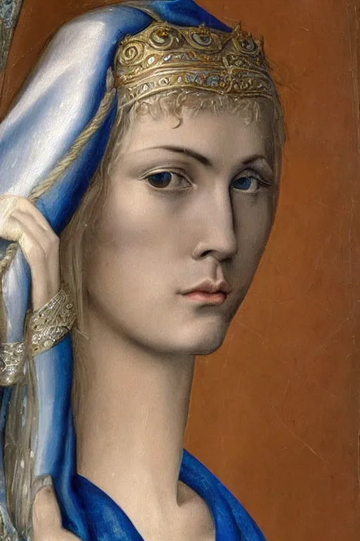 Image similar to hyper - realistic close - up mythological portrait of a medieval blonde with a huge amount of color in the сaravaggisti style, pale skin, in a silver silk robe, blue palette