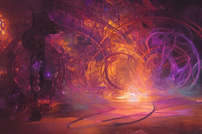 Image similar to arcs of purple flame intertwined with glowing sparks, glinting particles of ice, dramatic lighting, steampunk, bright neon, secret holographic cyphers, red flowers, solar flares, intricate art by alphonse mucha and greg rutkowski and ruan jia