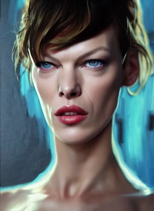 Image similar to milla jovovich wearing tape, far future, sharp focus, highly detailed, trending on artstation, intricate, painting by rutkowski