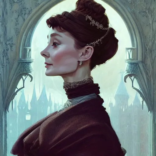 Image similar to audrey hepburn in an epic victorian novel, inside castle, intricate, elegant, highly detailed, digital painting, artstation, matte, illustration, art by artgerm, greg rutkowski, loish, rhads, ferdinand knab, makoto shinkai, lois van baarle, ilya kuvshinov, rossdraws, tom bagshaw