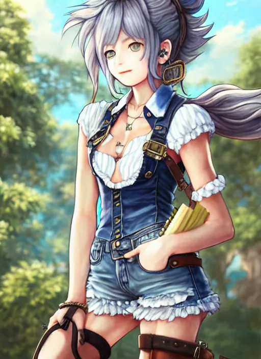 Image similar to a portrait of catgirl wearing white vest, and denim shorts an ultrafine detailed painting, detailed painting, detailed eyes, octopath traveler