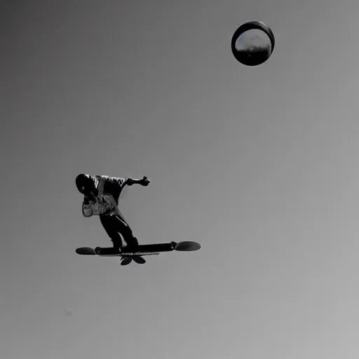 Prompt: tony hawk riding a rocket propelled skateboard and flying it to the moon, 85mm pentax k1000, f 1/3, award winning photography