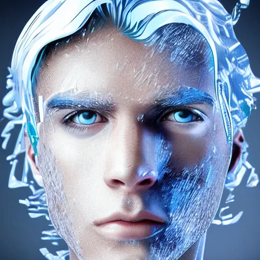 Image similar to man portrait made out of ice, beautiful, cyborg, comic book art, blond hair, neon, highly detailed