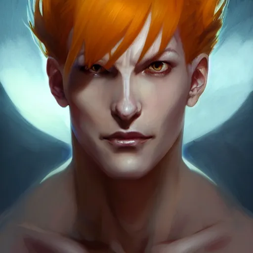 Image similar to portrait of hisoka morow hunter hunter, male, upper body sharp jaw yellow eyes small eyes red hair, medium length hair, anime, fantasy, intricate, elegant, highly detailed, digital painting, artstation, concept art, matte, sharp focus, illustration, art by artgerm and greg rutkowski and alphonse mucha