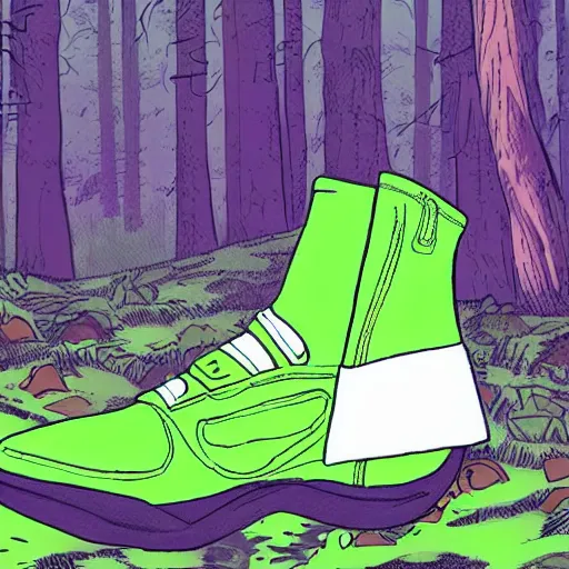 Prompt: a sporty guy, acid-green sneakers, runs alone through a forest with tall trees, art by stan lee, comics, a shot from the back in perspective, best illustration,