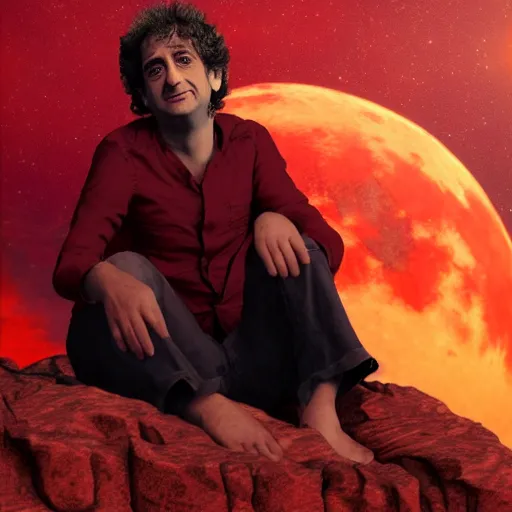 Prompt: gustavo cerati sitting on the red moon, digital art, matte painting, highly detailed,