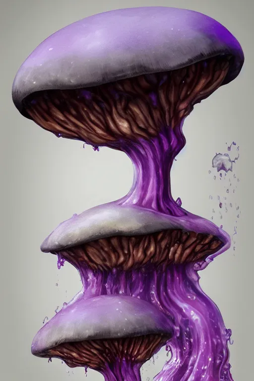 Prompt: Giant Mushroom Dripping Viscous Blobs of Purple Liquid from its Cap, fantasy, digital illustration, realistic, trending on artstation, volumetric lighting, ultra detailed