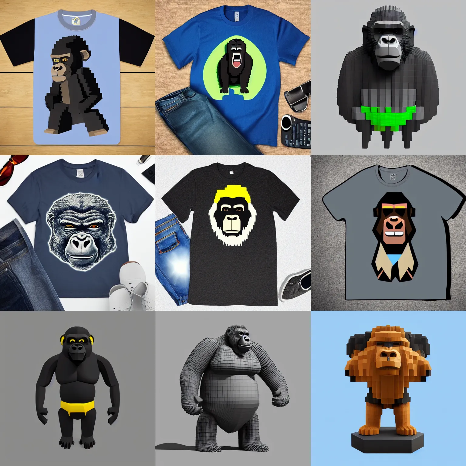 Prompt: A voxel tshirt design 3d flat design of a Gorilla cartoon created in Maya and trending on artstation, 4k ultradetailed national geographic gorilla design